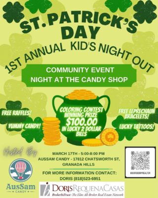 SAVE THE DATE! We are so excited to be partnering up with @dorisismyrealtor for the 1st Annual Kid’s Night Out 🍀 Hosted @aussamcandy 🍭 

There will be raffles, candy, contests, and more 💚 We hope to see you there on March 17th! #LiveLifeToTheSweetest